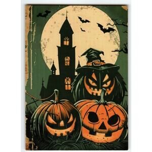 Vintage Halloween Postcard with Jack-o'-Lanterns & Haunted House Moon